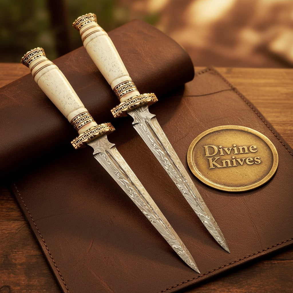 Ornate Engraved Brass Damascus Dagger Set with Intricate Brass Work