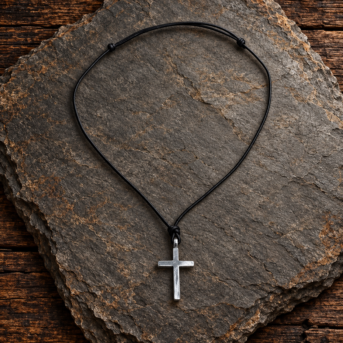 Classic Cross Necklace - Sterling Silver on Leather Cord