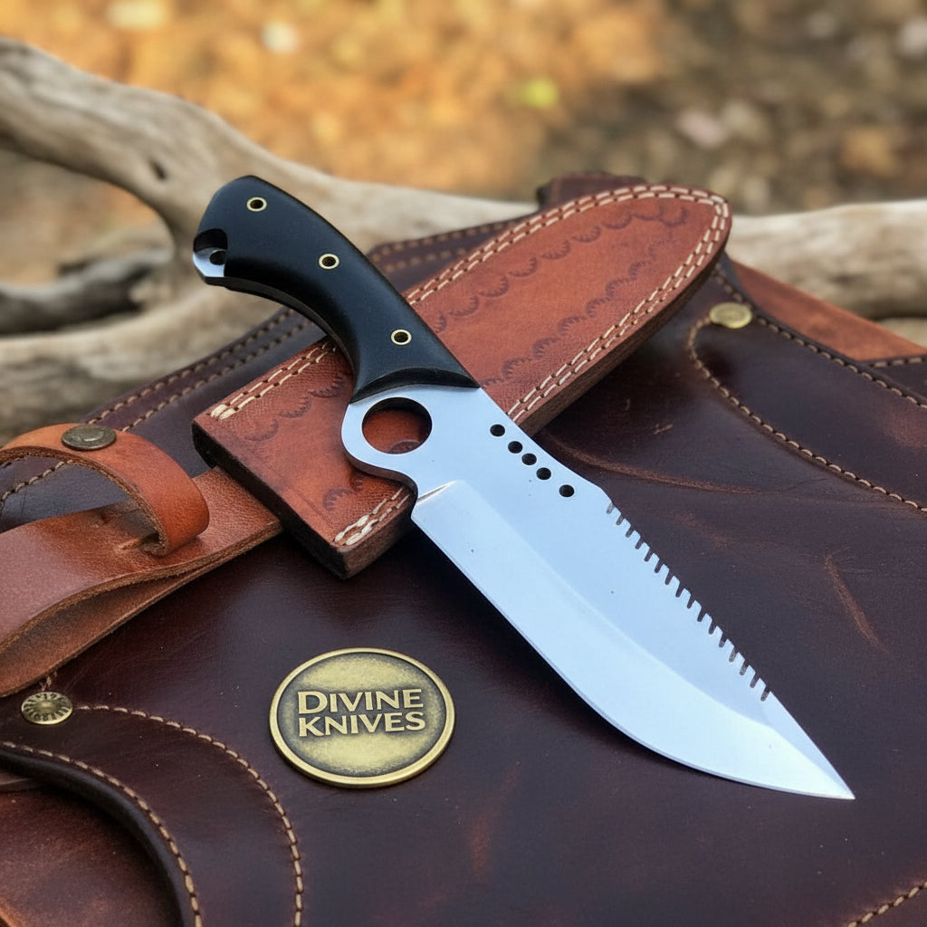 Sawback Drop-Point Survival Knife with Finger Ring Blade and Sheath