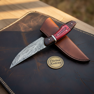 Red Pakkawood Damascus Drop Point Hunter for Hunting and Field Work