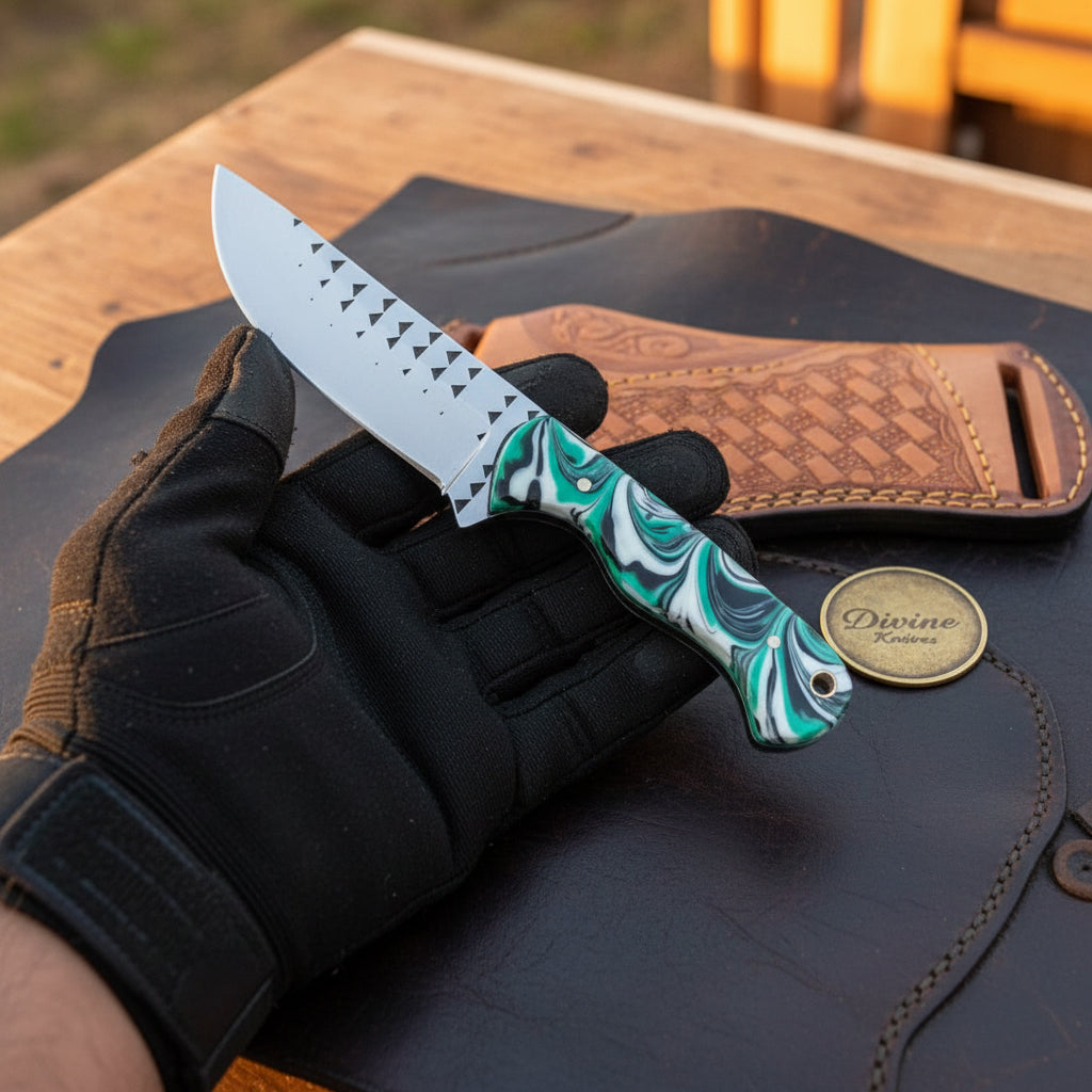 Green Swirl Resin Rasp Cowboy Knife with product detail, view 2