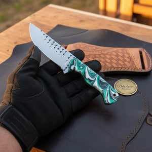 Green Swirl Resin Rasp Cowboy Knife with product detail, view 2