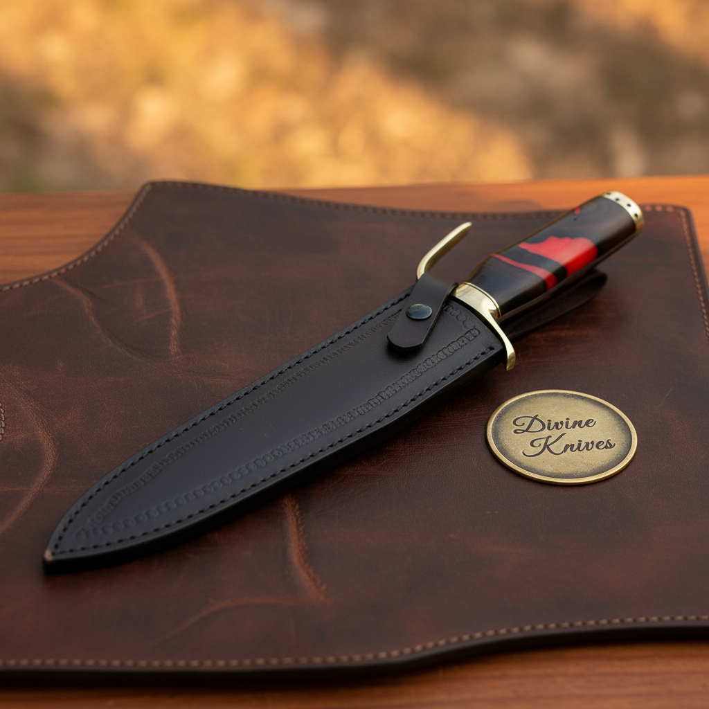 Red Micarta Handle Bowie Knife with Polished Drop Point Blade and Tooled Black Sheath