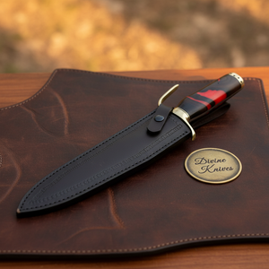 Red Micarta Handle Bowie Knife with Polished Drop Point Blade and Tooled Black Sheath