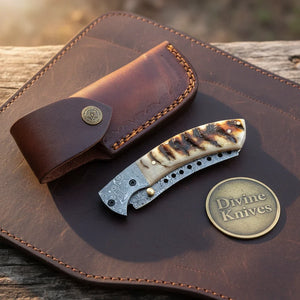 Ram Horn Cleaver Folding Knife with Twist Pattern Blade & Leather Pouch