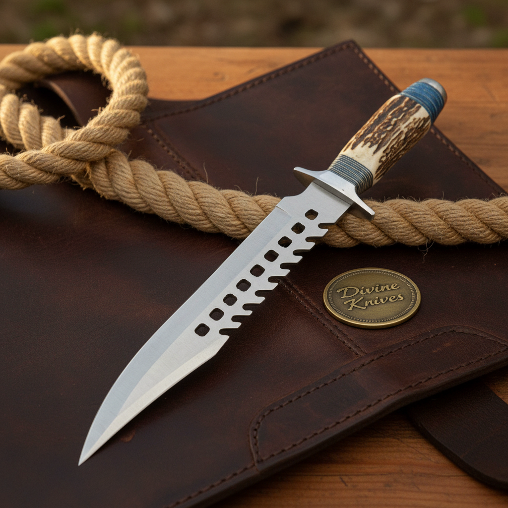 Sawback Survival Knife with Stag Antler Handle and Mirror Polished Spear Point Blade by Divine Knives — product view 2