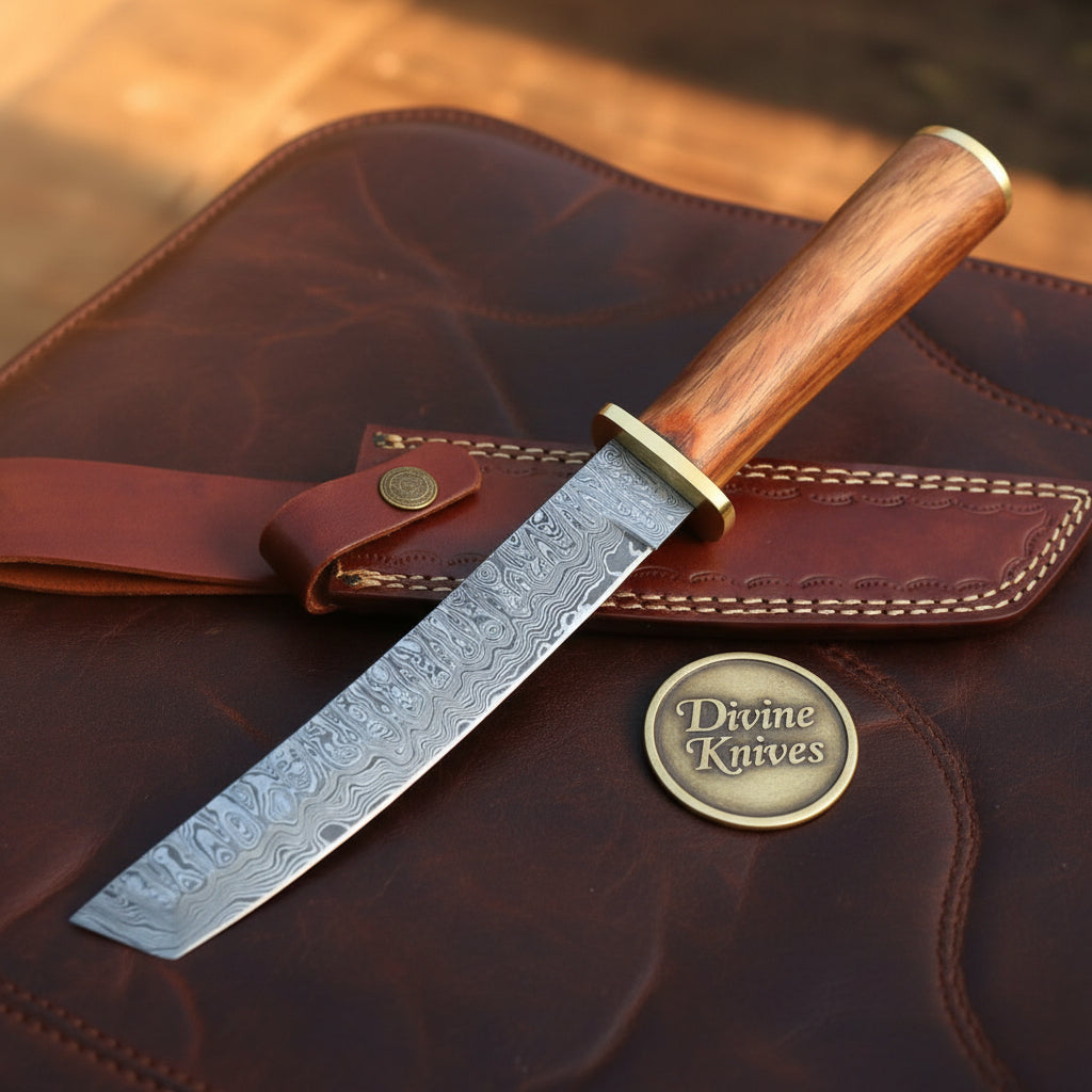 Damascus Steel Japanese Tanto Chef Knife with Rosewood Tsuka Handle