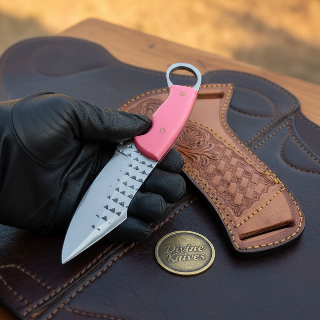 Pink Resin Rasp Ring Skinner Knife with Rasp by Divine Knives