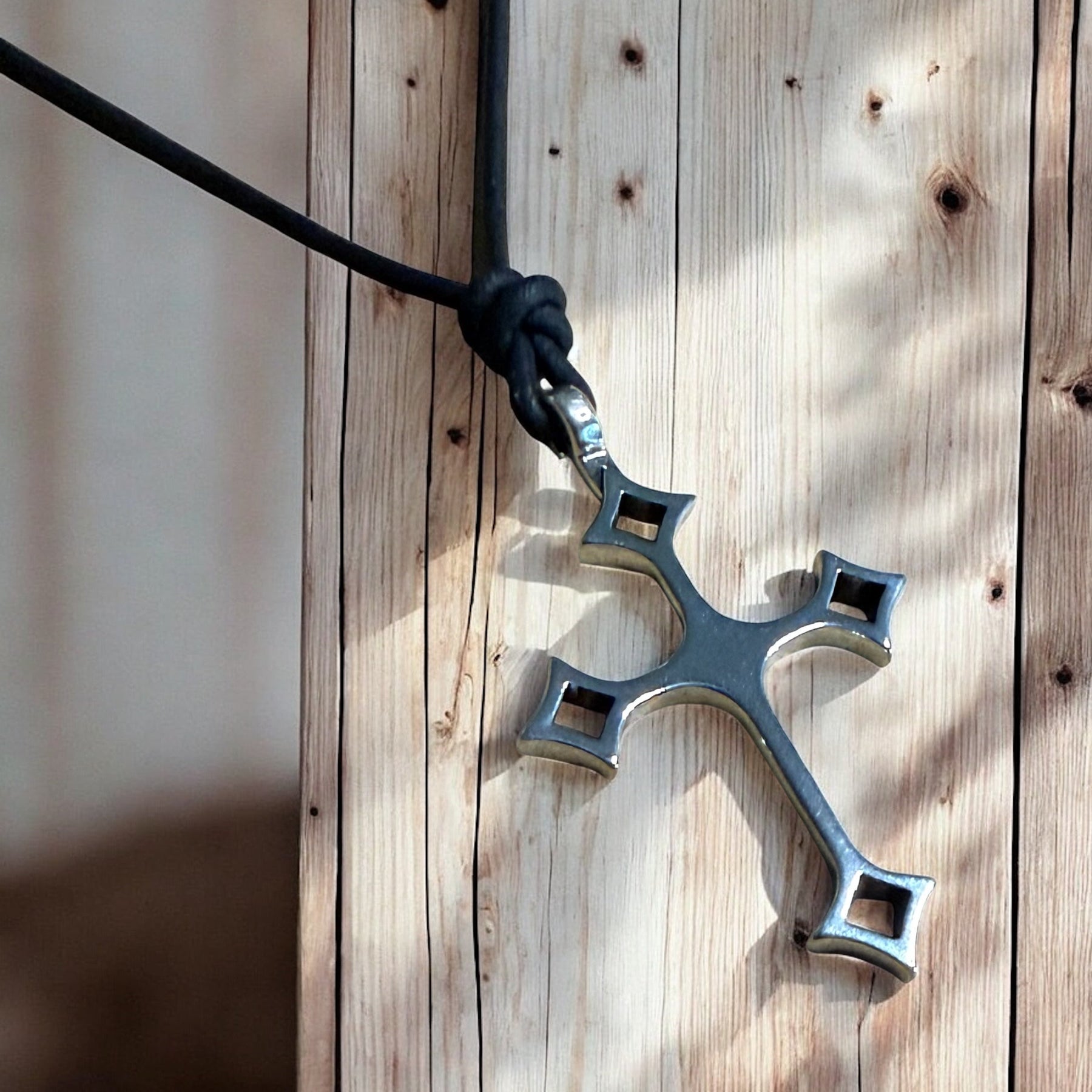 Gothic Medieval Cross Necklace - Sterling Silver on Leather Cord by Forged By Fire — view 4 of 4