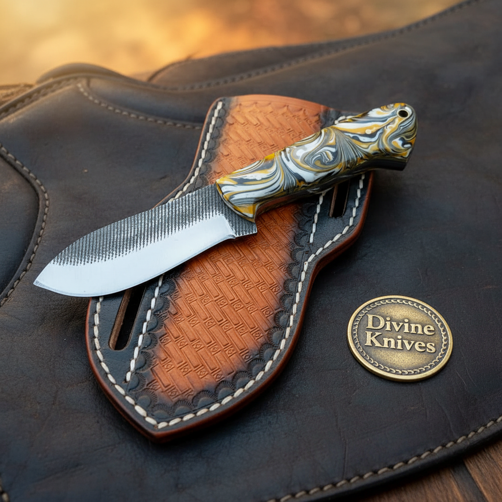Orange Swirl Resin Rasp Skinner Knife with by Divine Knives