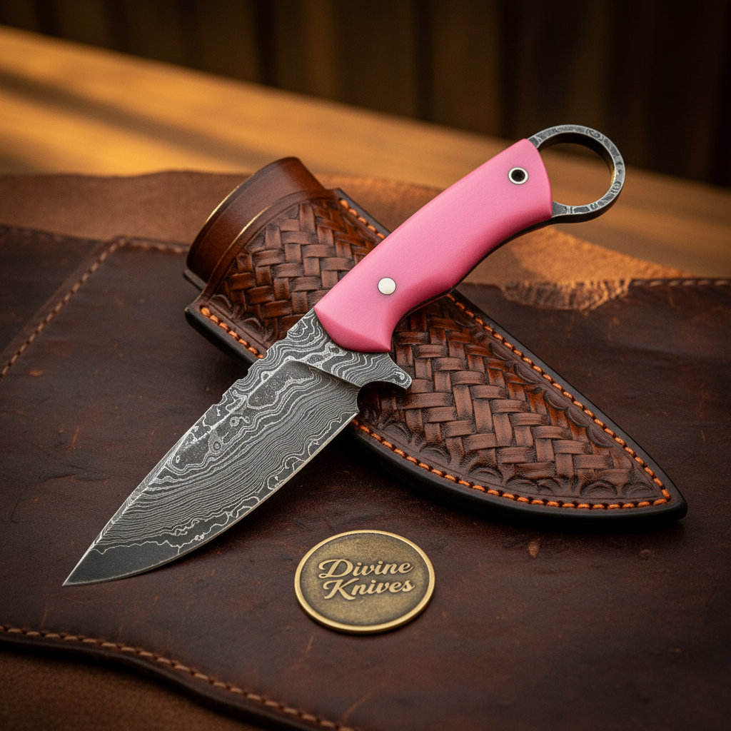 Pink Resin Damascus Ring Skinner Knife with a Built-In Finger Loop
