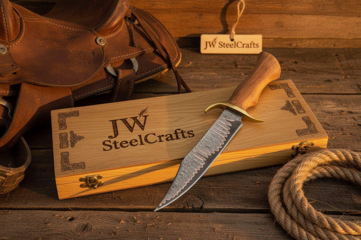 Timberland Trapper Bowie Knife 10" Handmade Damascus Presentation Box by JW SteelCrafts