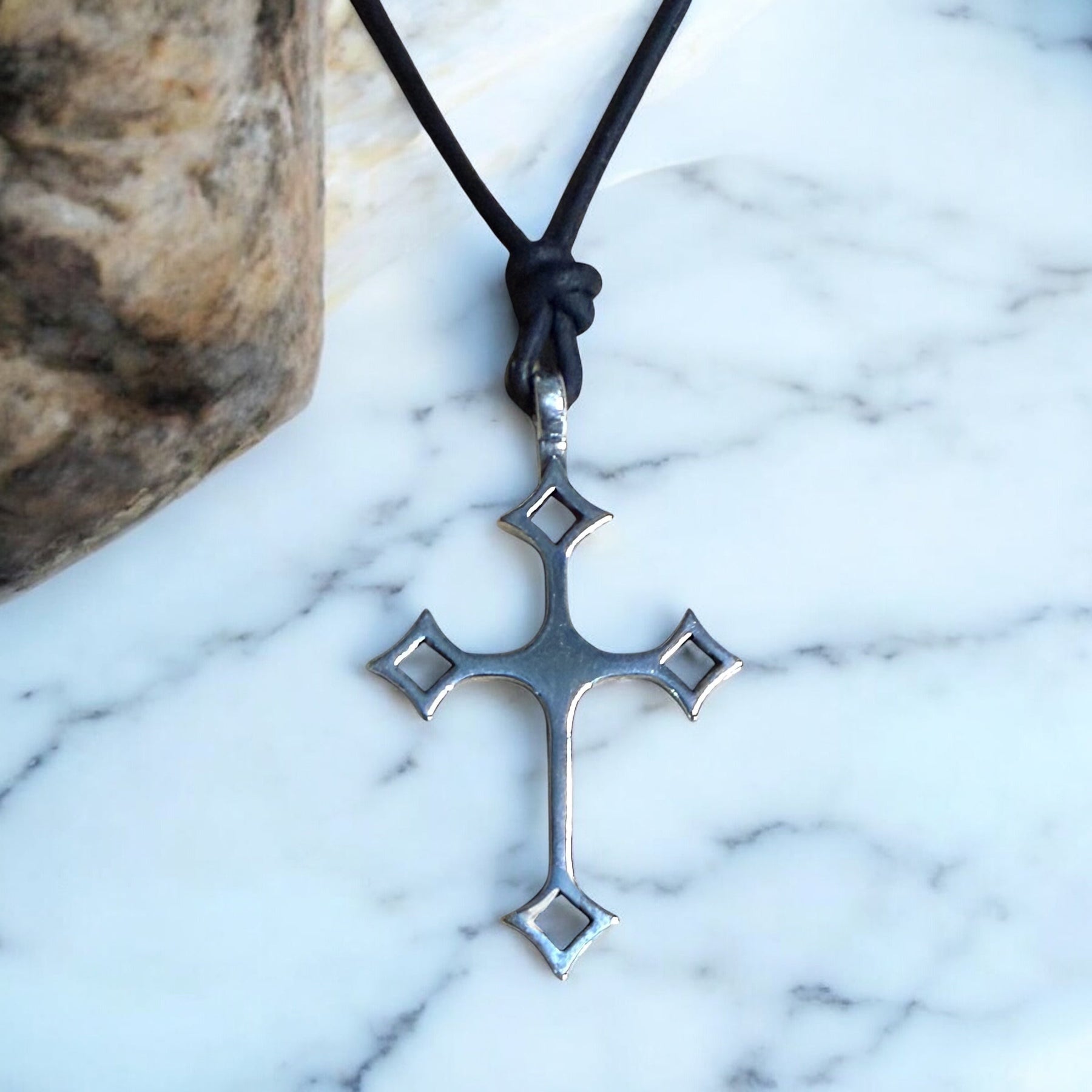 Gothic Medieval Cross Necklace - Sterling Silver on Leather Cord by Forged By Fire — view 3 of 4