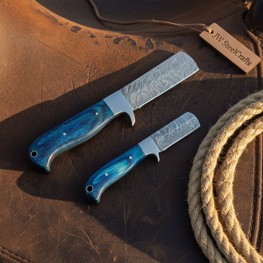 Cobalt Wave Damascus Bull Cutter Duo by JW SteelCrafts