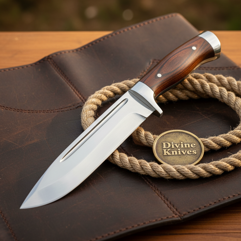 Rosewood Fuller Blade Drop Point Bowie with Classic Wood by Divine Knives — product view 2