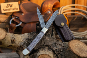 Damascus Steel Trapper Knife 4" with Bone Handle, Folding Pocket Knife detail view by JW SteelCrafts
