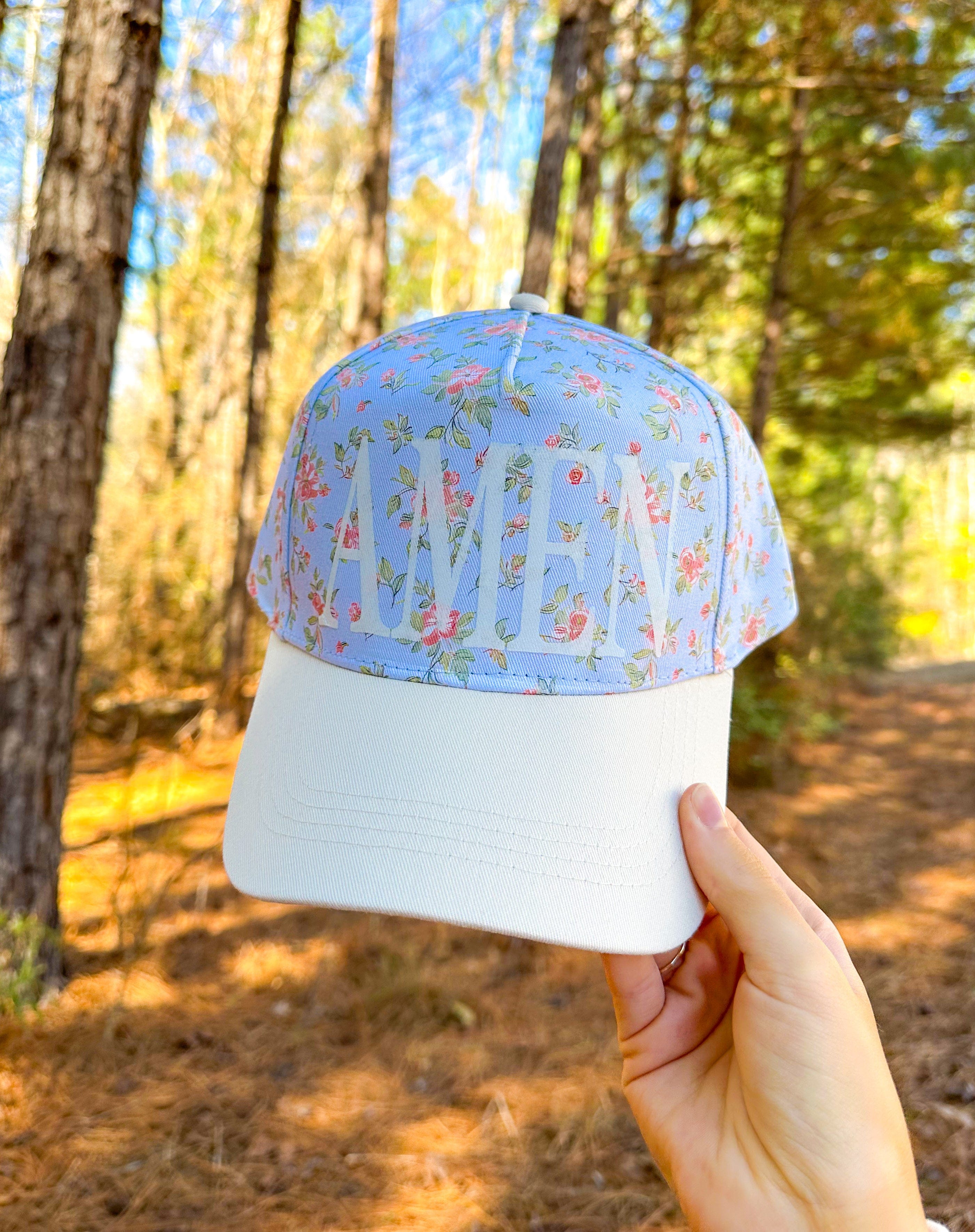 AMEN Floral Coral/ Light Blue Trucker Hat Southern Bliss Company