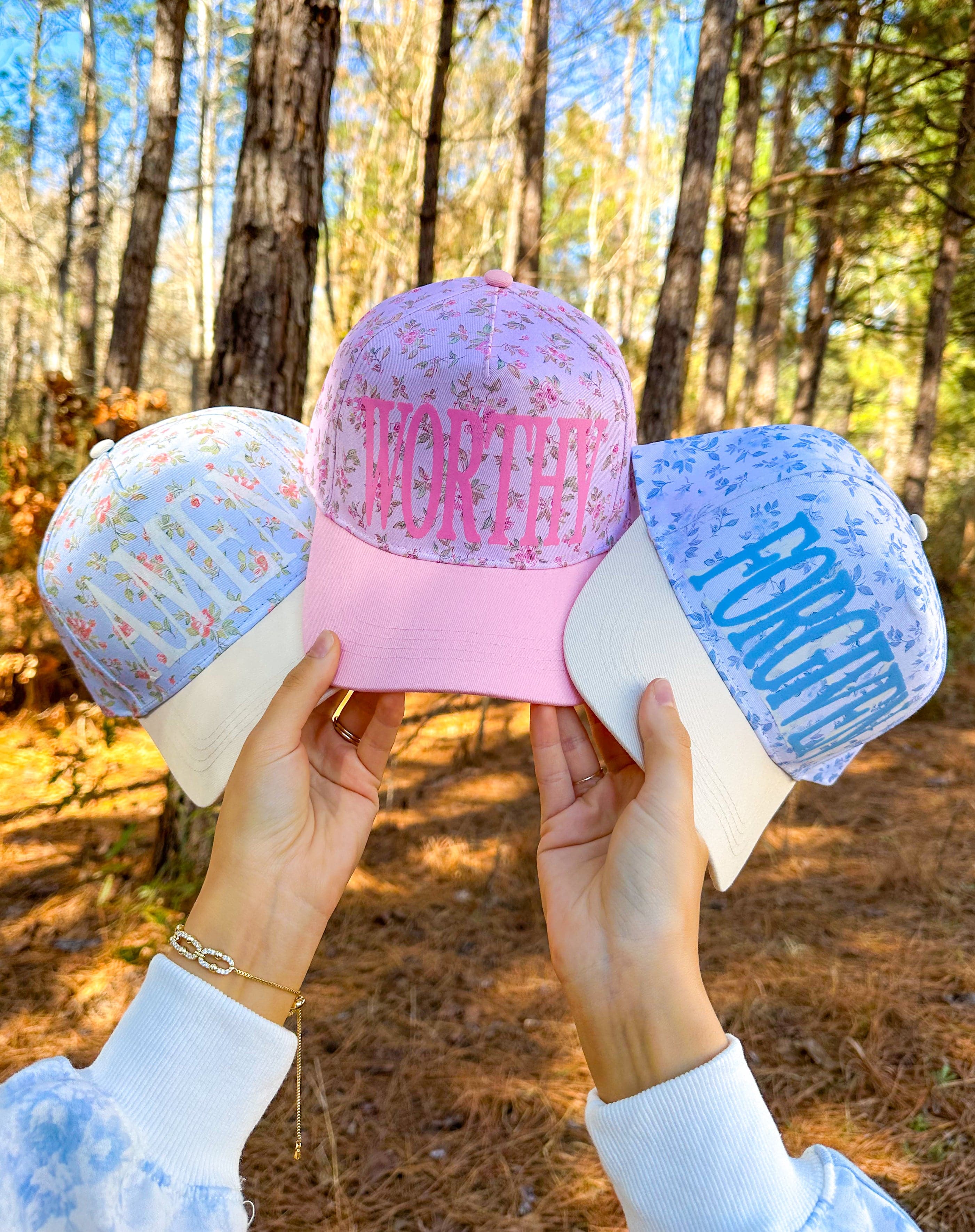 AMEN Floral Coral/ Light Blue Trucker Hat Southern Bliss Company