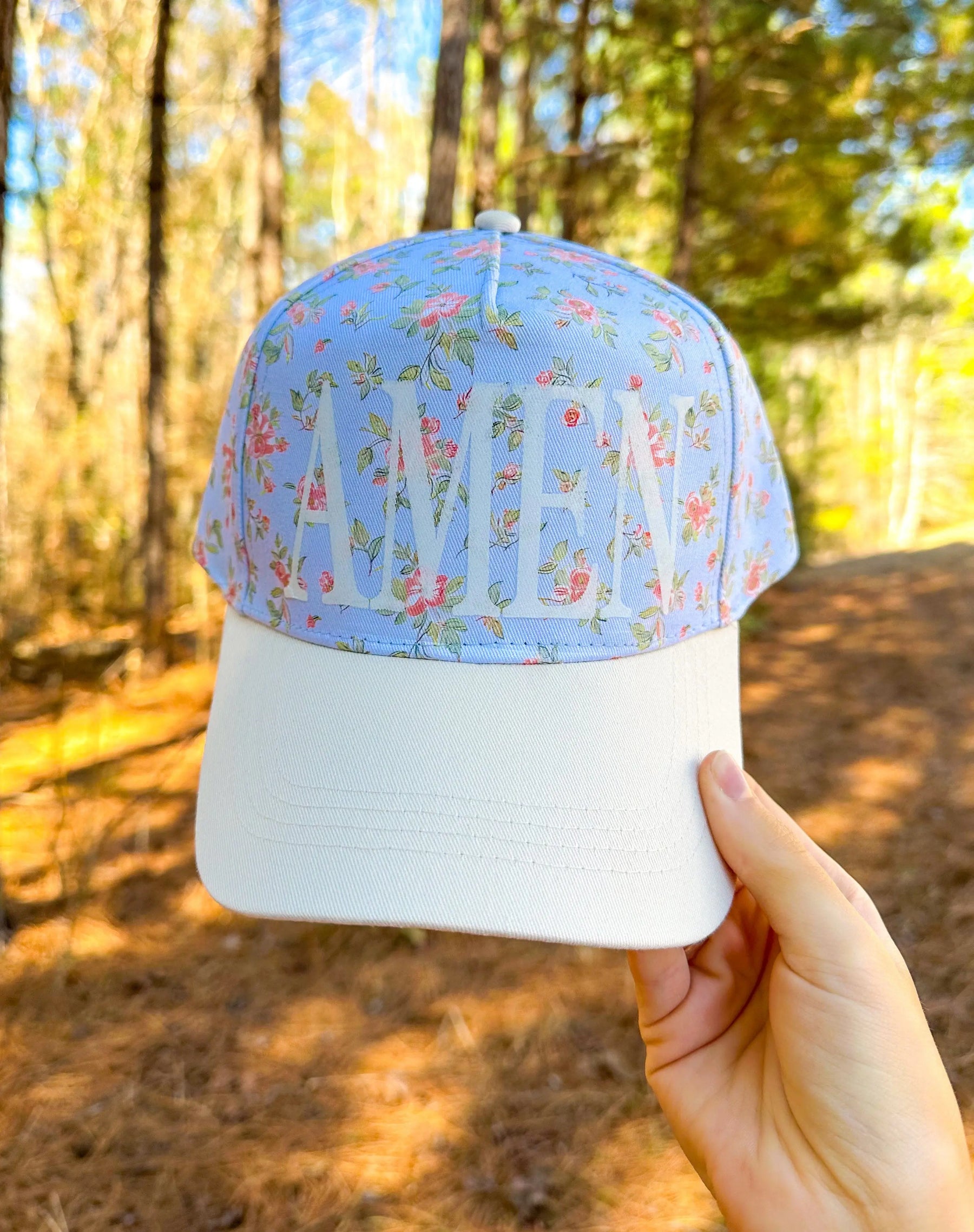 AMEN Floral Coral/ Light Blue Trucker Hat by Southern Bliss Company, Southern lifestyle apparel detail photo 3