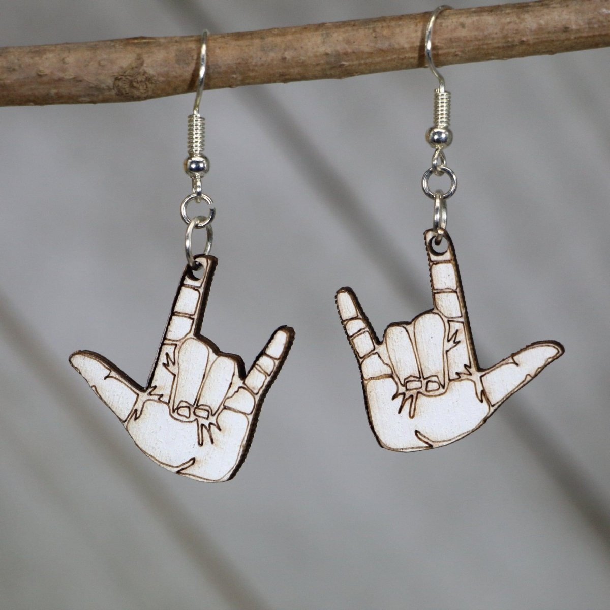 ASL Love Wooden Earrings | Sign Language Jewelry detail view by Cate's Concepts, LLC