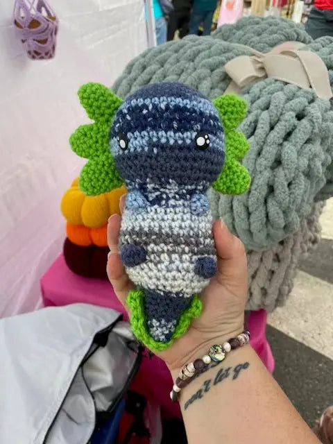 Handmade Crochet Axolotl Plush: Custom Amigurumi Toy - Blue, Grey, Green, Cute Stuffed Animal. 