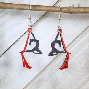 Aerial Silks Performer Wooden Earrings | Circus Aerialist Jewelry detail view by Cate's Concepts, LLC