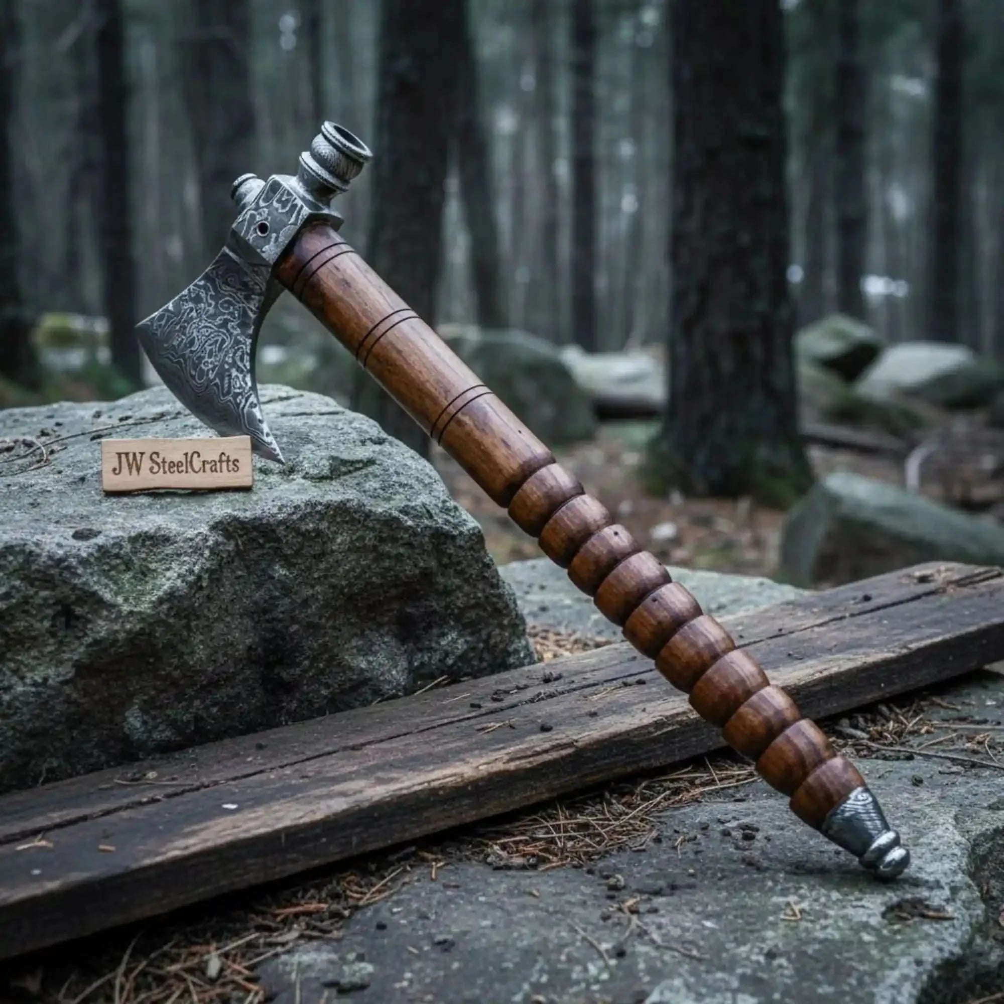 Hand Forged Damascus Smoking Axe with Ringed Hardwood Handle and Leather Sheath | JW SteelCrafts by JW SteelCrafts, leather knife sheath main product photo