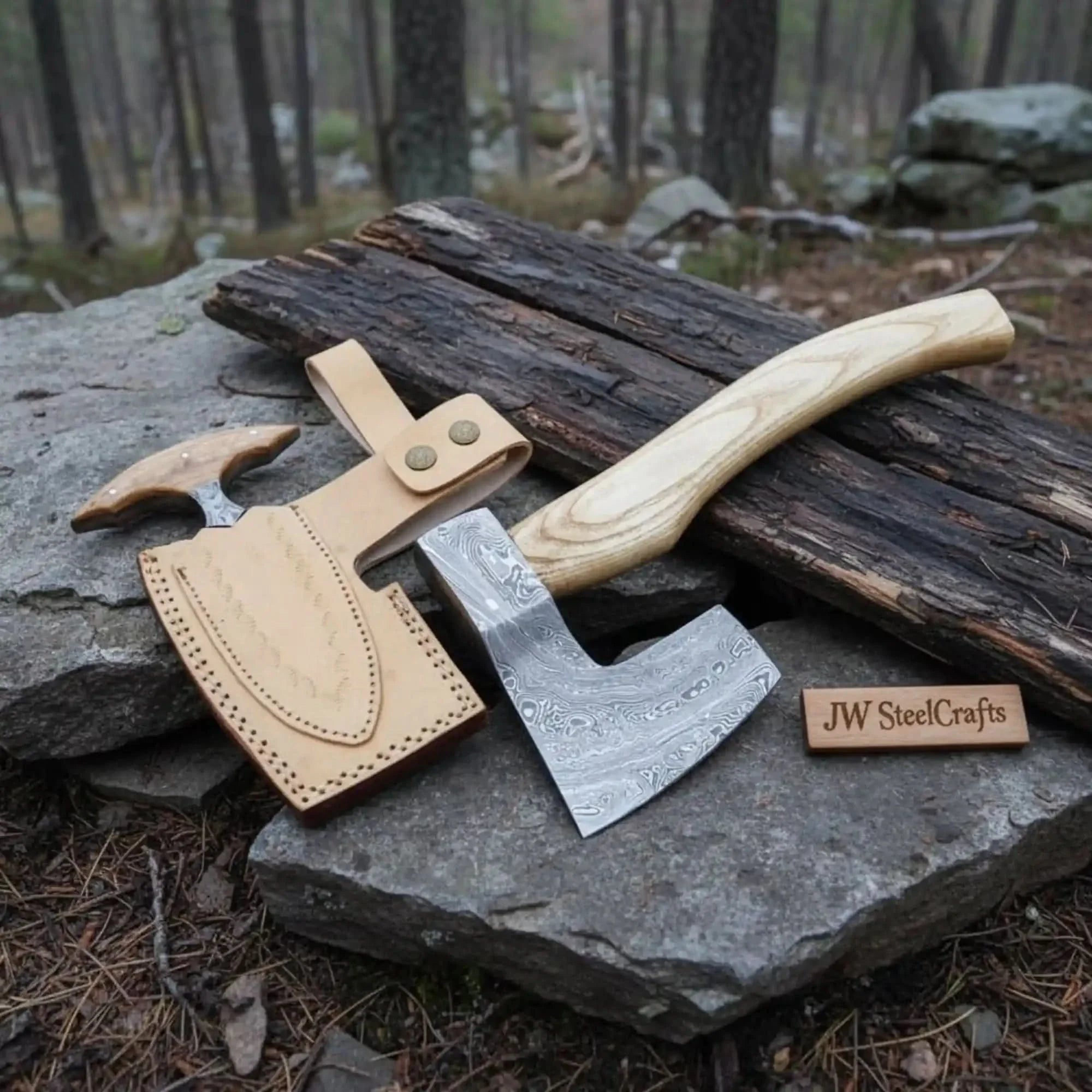 Handmade Damascus Steel Viking Axe and Matching Knife Set with Ash Wood Handle and Leather Sheath by JW SteelCrafts, leather knife sheath main product photo