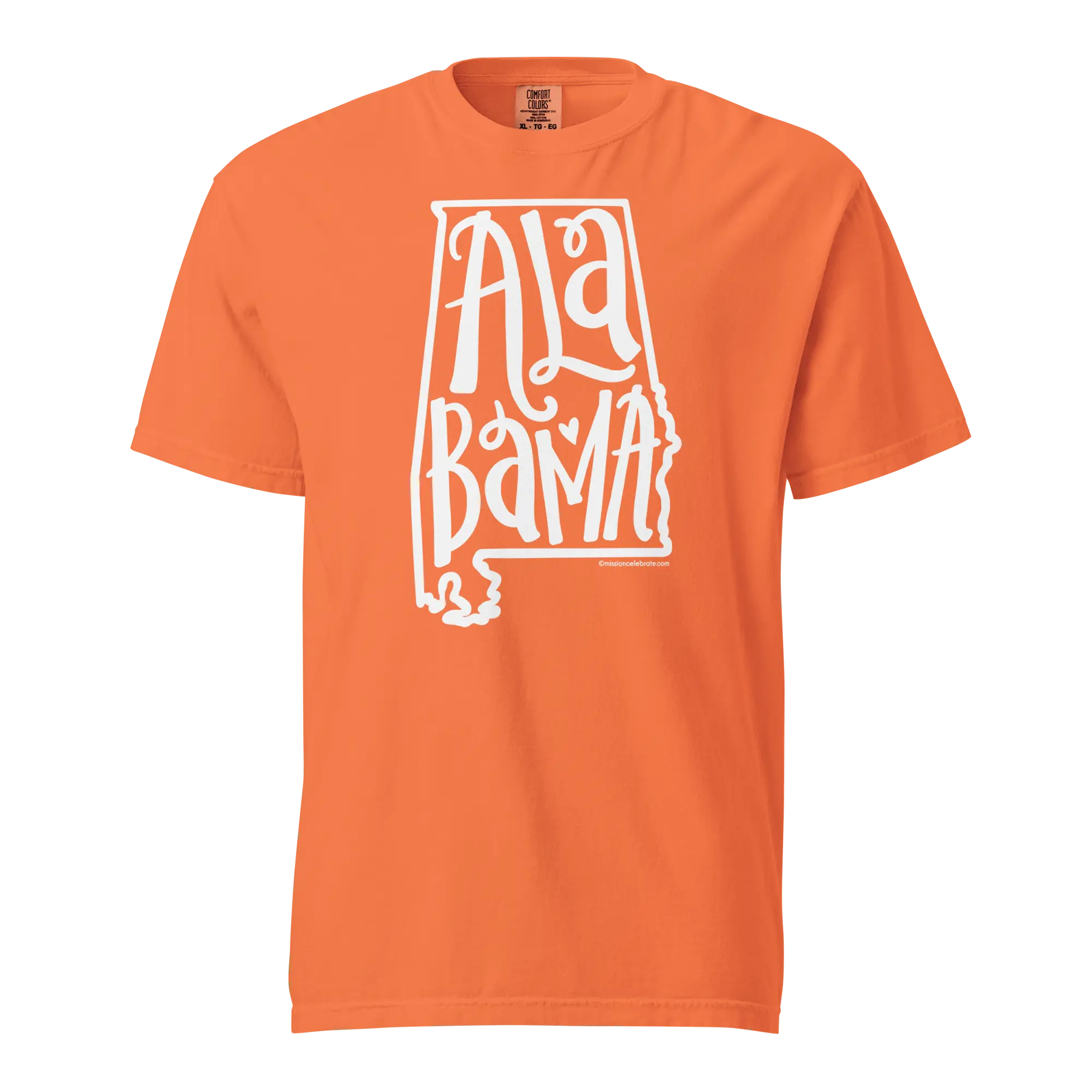 Orange Alabama T-shirt - White Handlettered State Outline Comfort Colors Tee
