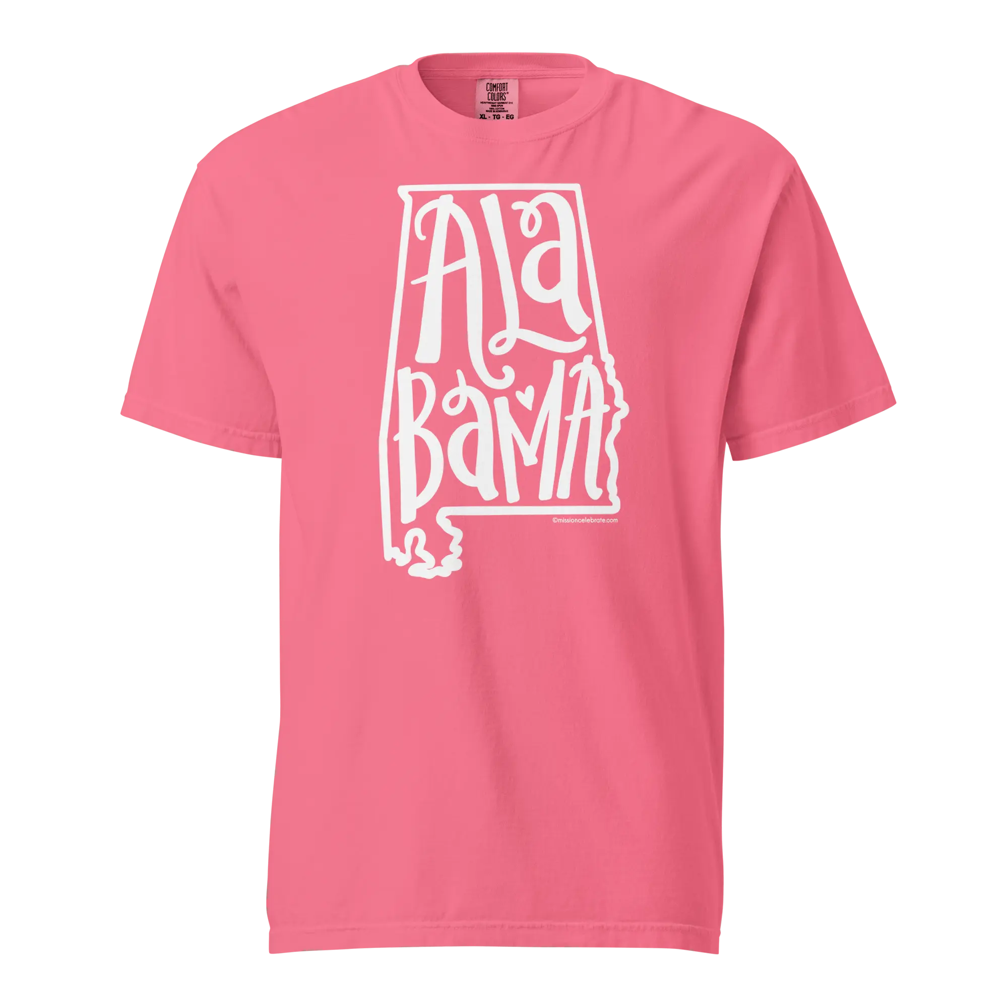 Alabama Bouncy Letters T-Shirt by Leslie Gonce for Main Street Collective. Pink Comfort Colors tee with state graphic.
