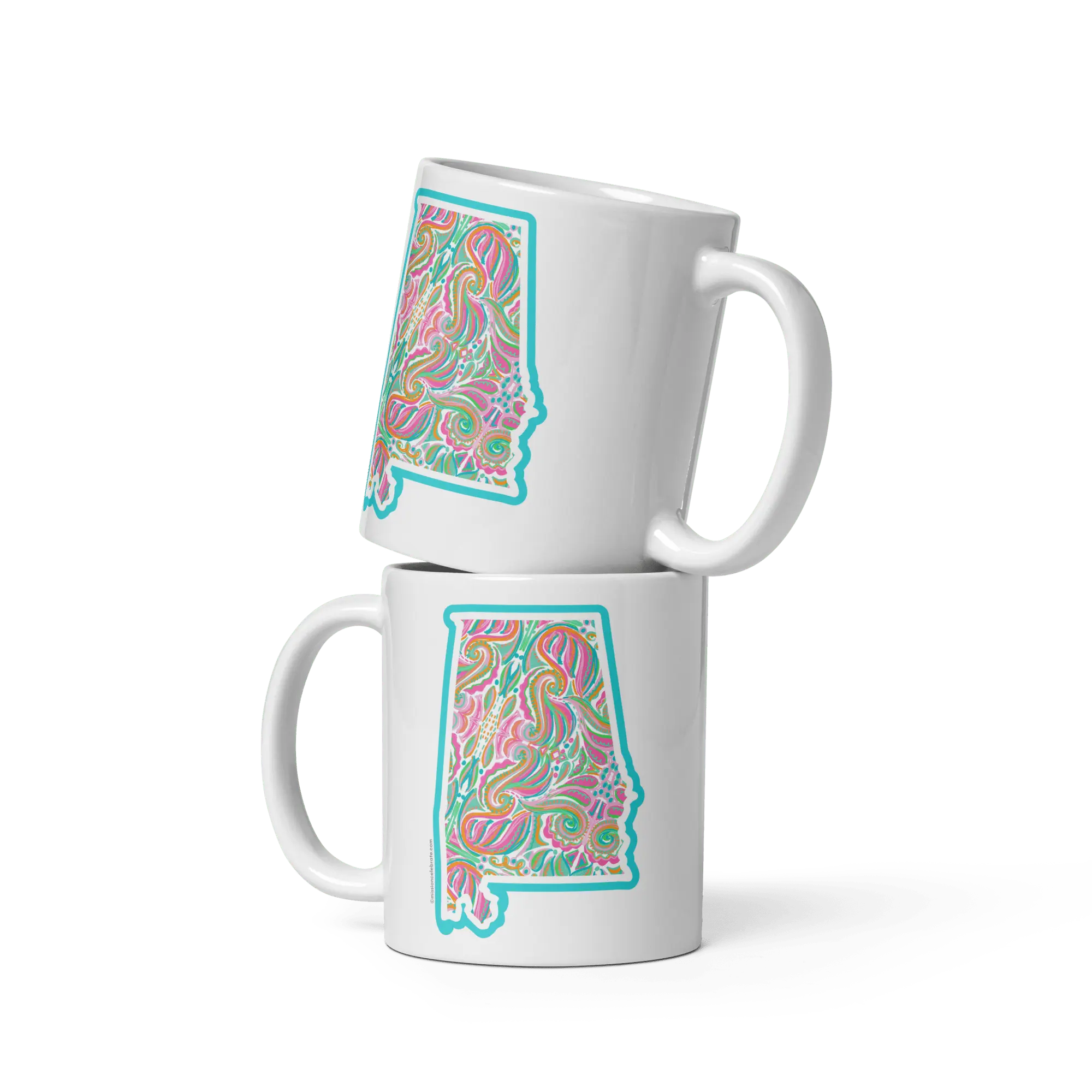 Stacked Alabama mugs featuring colorful Jubilee art by Leslie Gonce from Main Street Collective