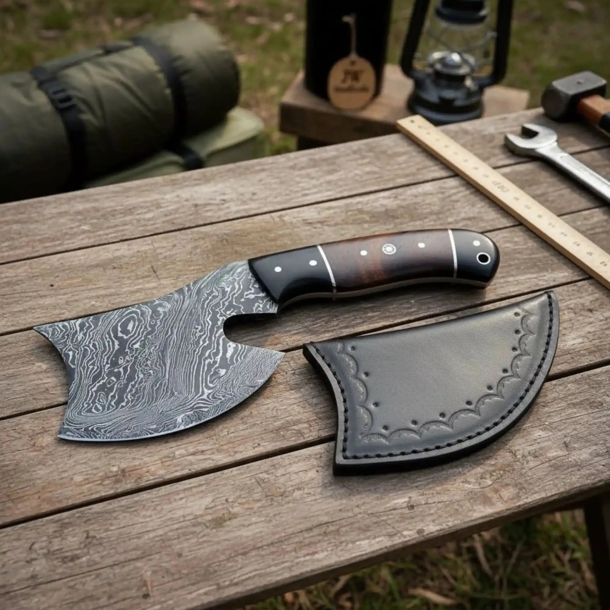 Damascus Bearded Hatchet with Contoured Full Tang Handle by JW SteelCrafts, Southern lifestyle apparel main product photo