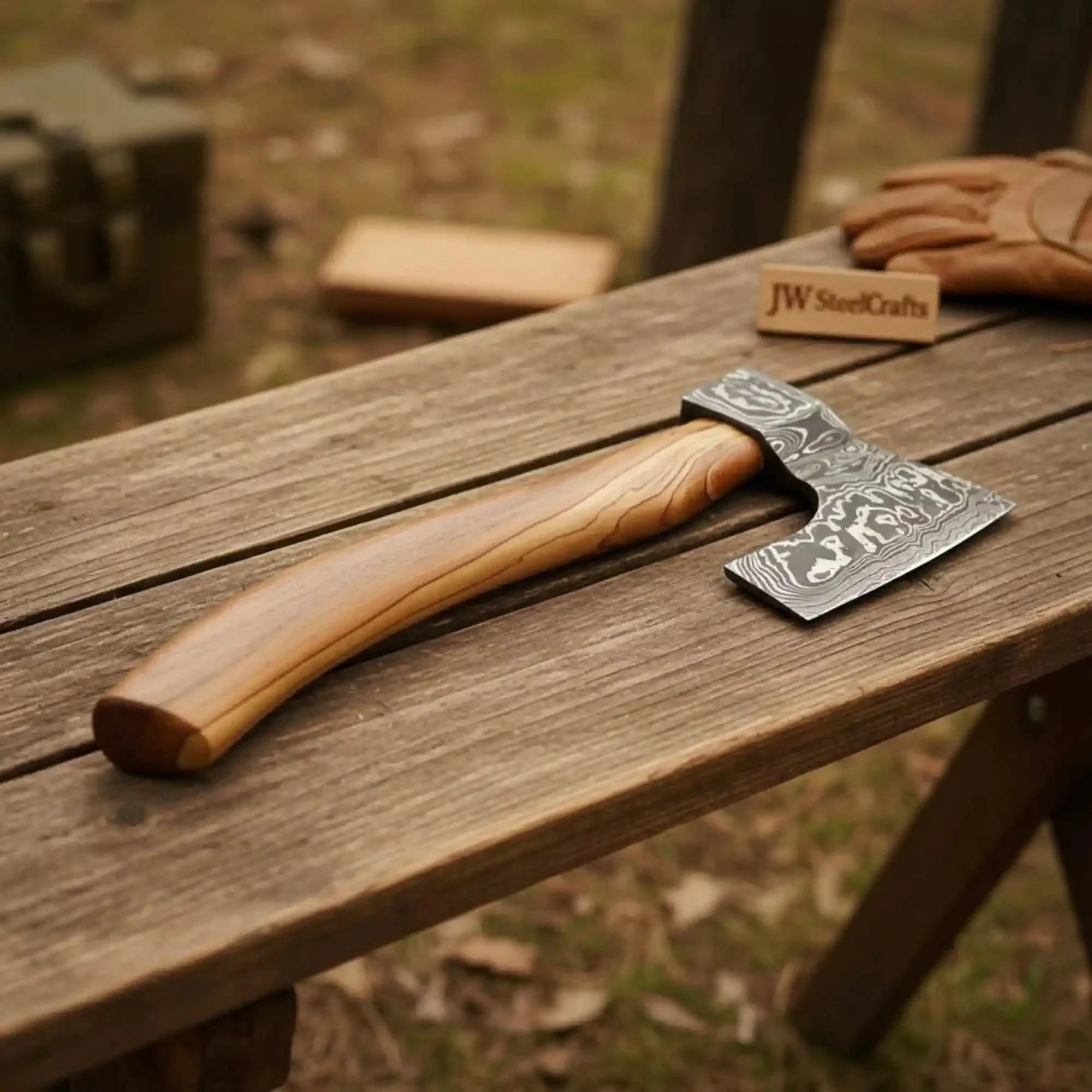 Hand-Forged Damascus Bearded Bushcraft Hatchet with Hardwood Handle by JW SteelCrafts, Southern lifestyle apparel main product photo