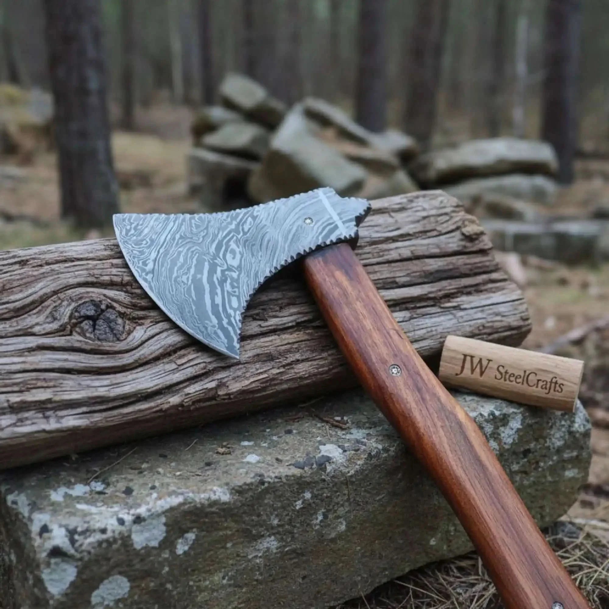Hand Forged Bushcraft Chopping Axe, Damascus Blade + Ergonomic Curved Handle by JW SteelCrafts, Southern handmade gift main product photo