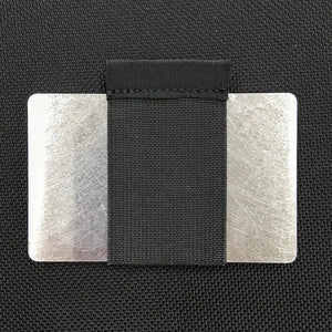 Two aluminum RFID blocker cards with a black fabric band.