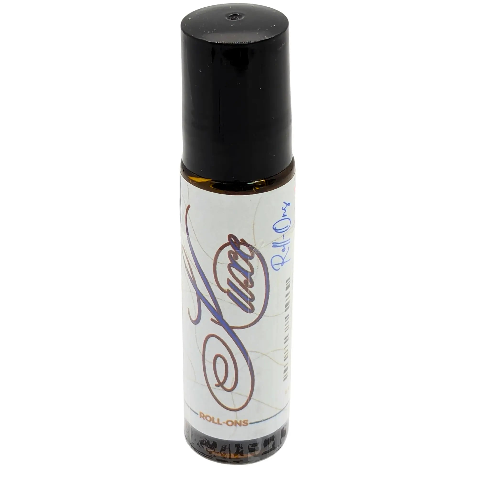 Amber Luxe roll-on oil in a glass bottle with a black cap.