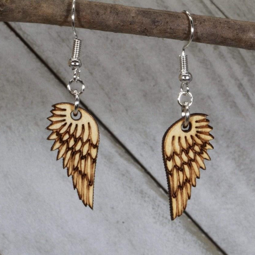 Angel Wing Wooden Dangle Earrings | Feathered Spiritual Jewelry detail view by Cate's Concepts, LLC