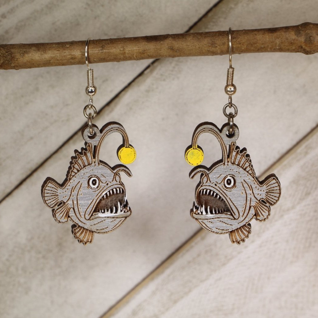 Anglerfish Wooden Earrings | Deep Sea Ocean Creature Jewelry