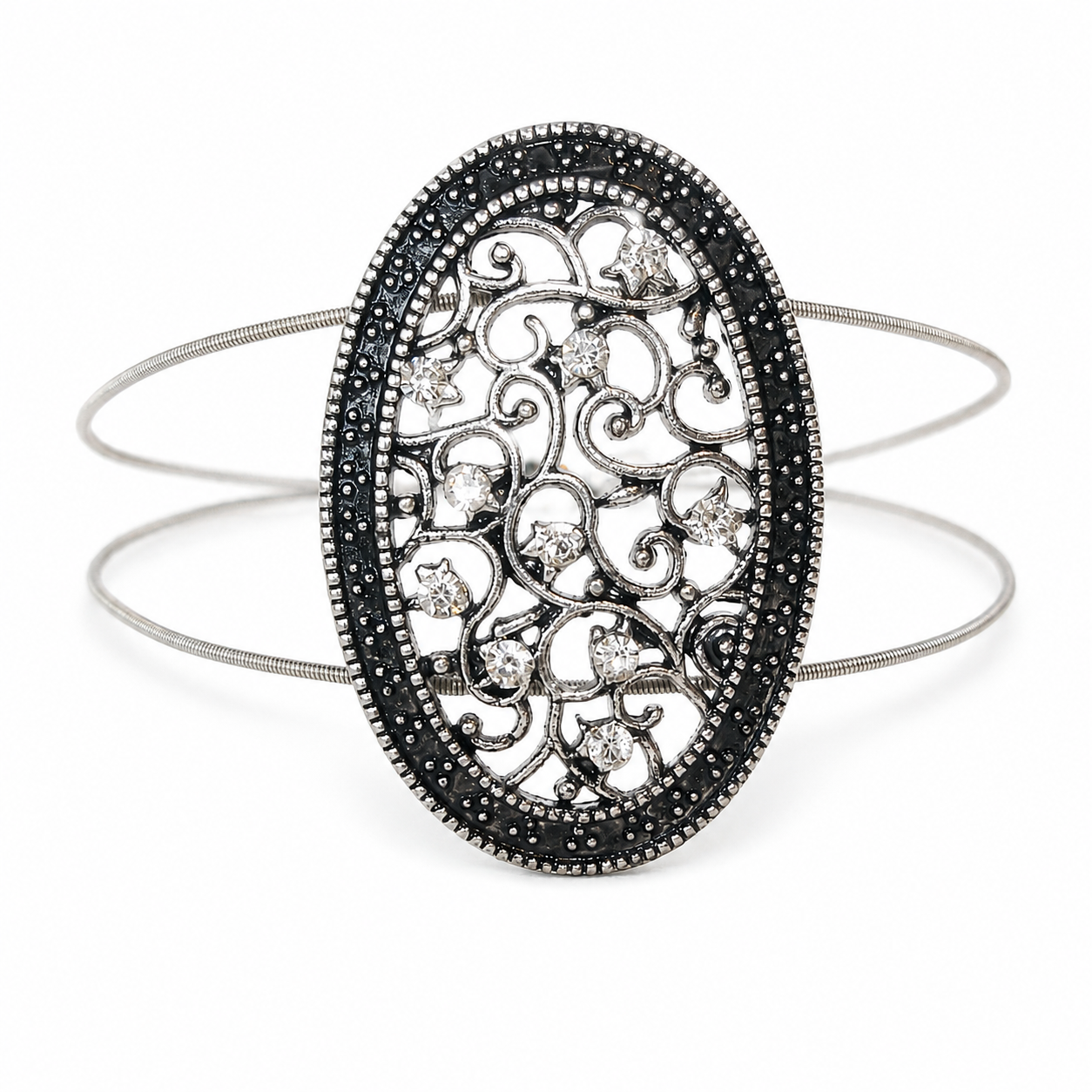 Guitar string bracelet with silver filigree oval