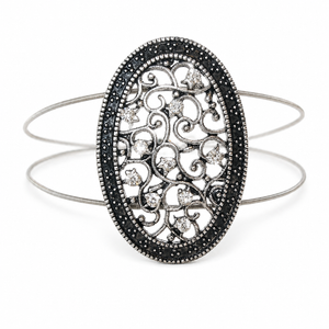 Guitar string bracelet with silver filigree oval