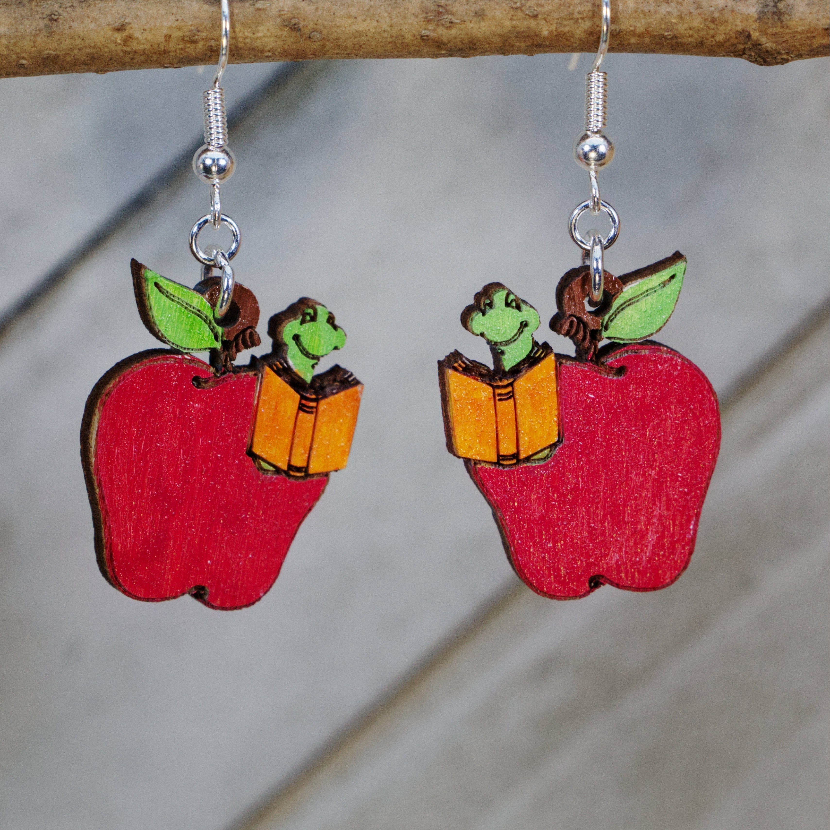 Apple with Bookworm Wooden Dangle Earrings | Teacher Jewelry