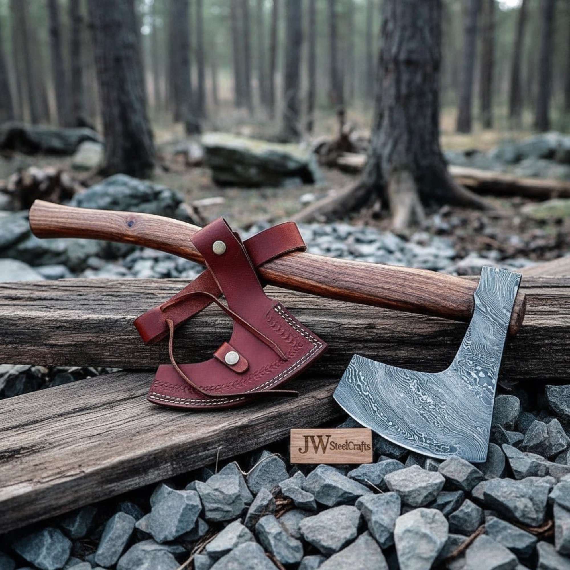 Hand-forged Damascus Bearded Axe for Bushcraft & Trail Work by JW SteelCrafts, Southern handmade gift main product photo
