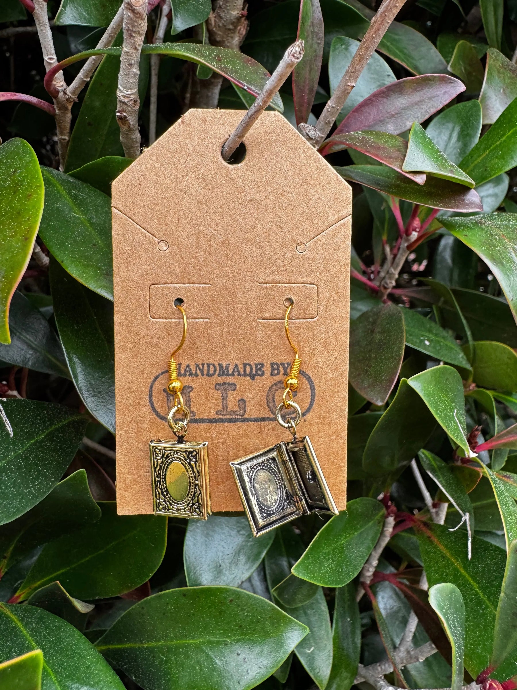 Arcane Tomes Locket Earrings | Book Lover Fantasy Jewelry Gift by Mushroom Lady Co, handmade jewelry detail photo 3