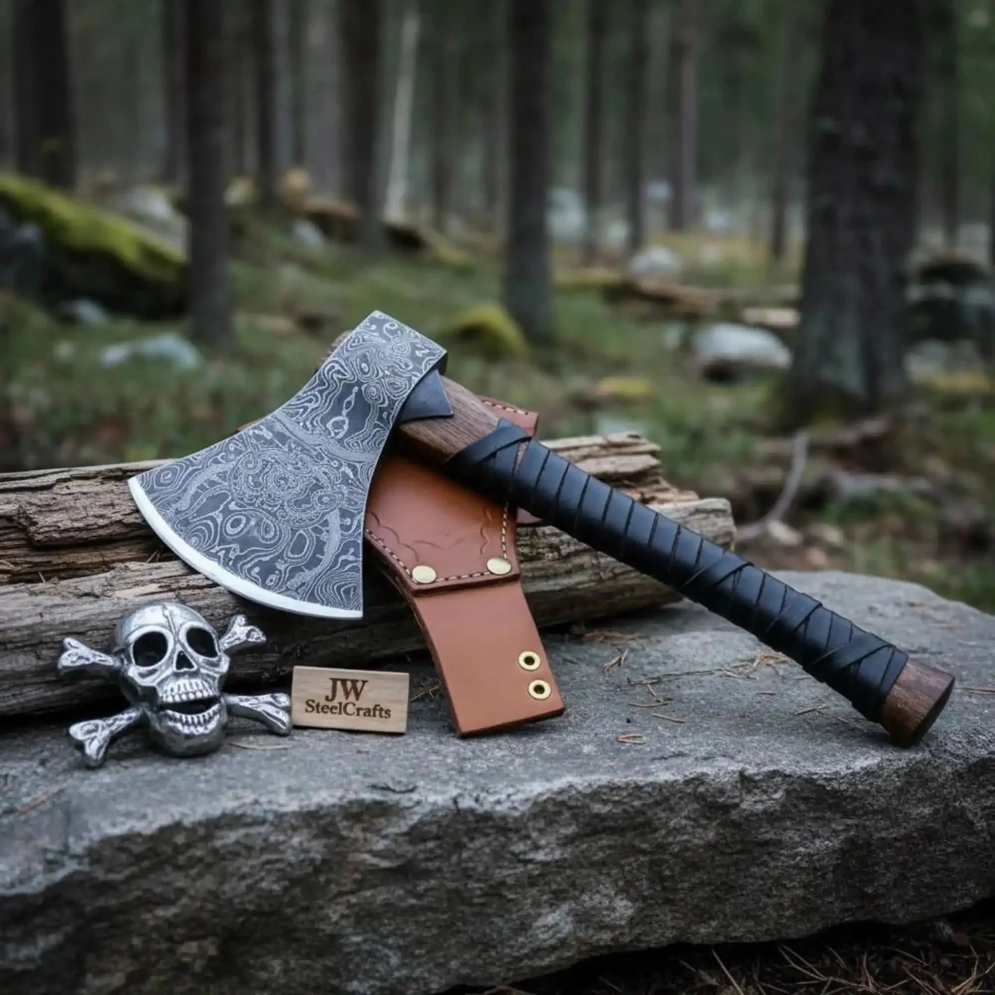 Heavy Duty Damascus Camp Axe with Leather Wrap Handle and Sheath, Hand-Forged Bushcraft Axe | JW SteelCrafts by JW SteelCrafts, leather knife sheath detail photo 2