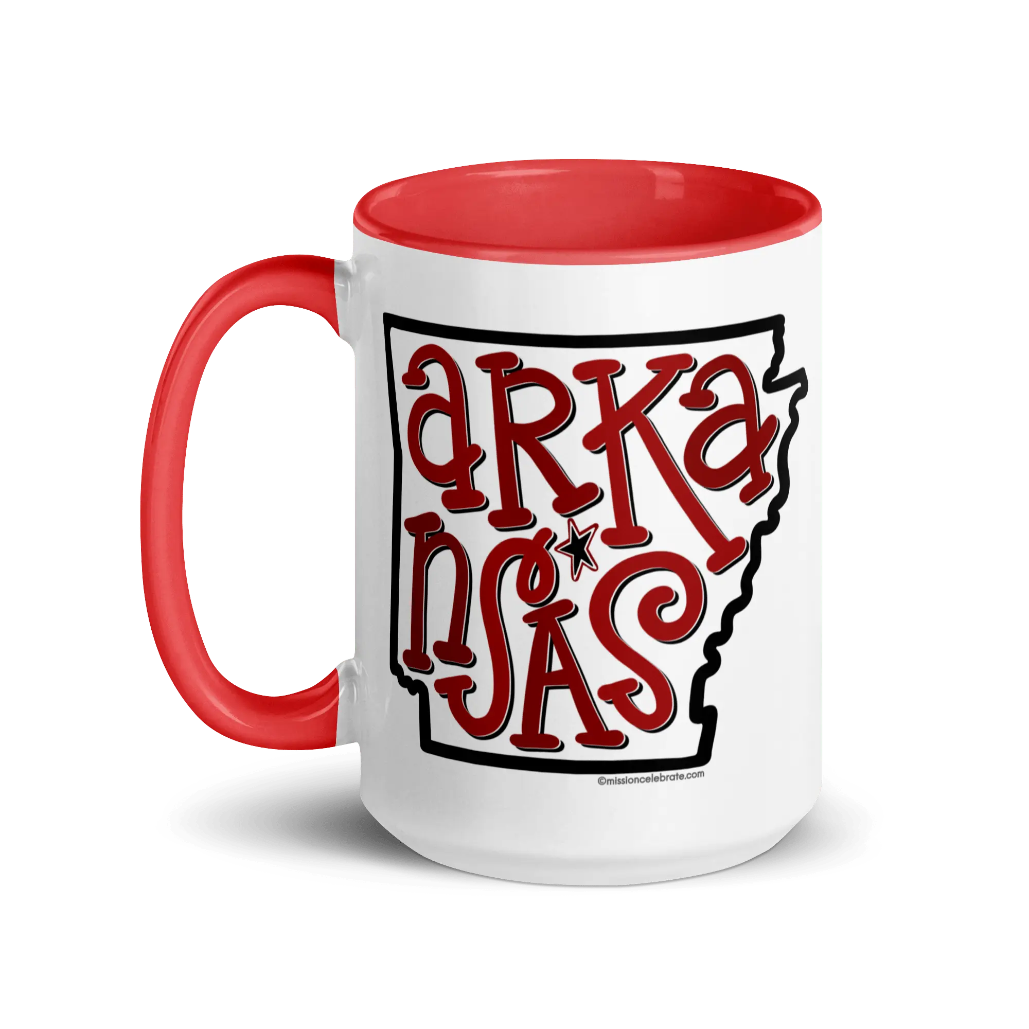Arkansas Mug - Handdrawn Bouncy Letters Art by Leslie Gonce - Red Accents, Ceramic Coffee Cup