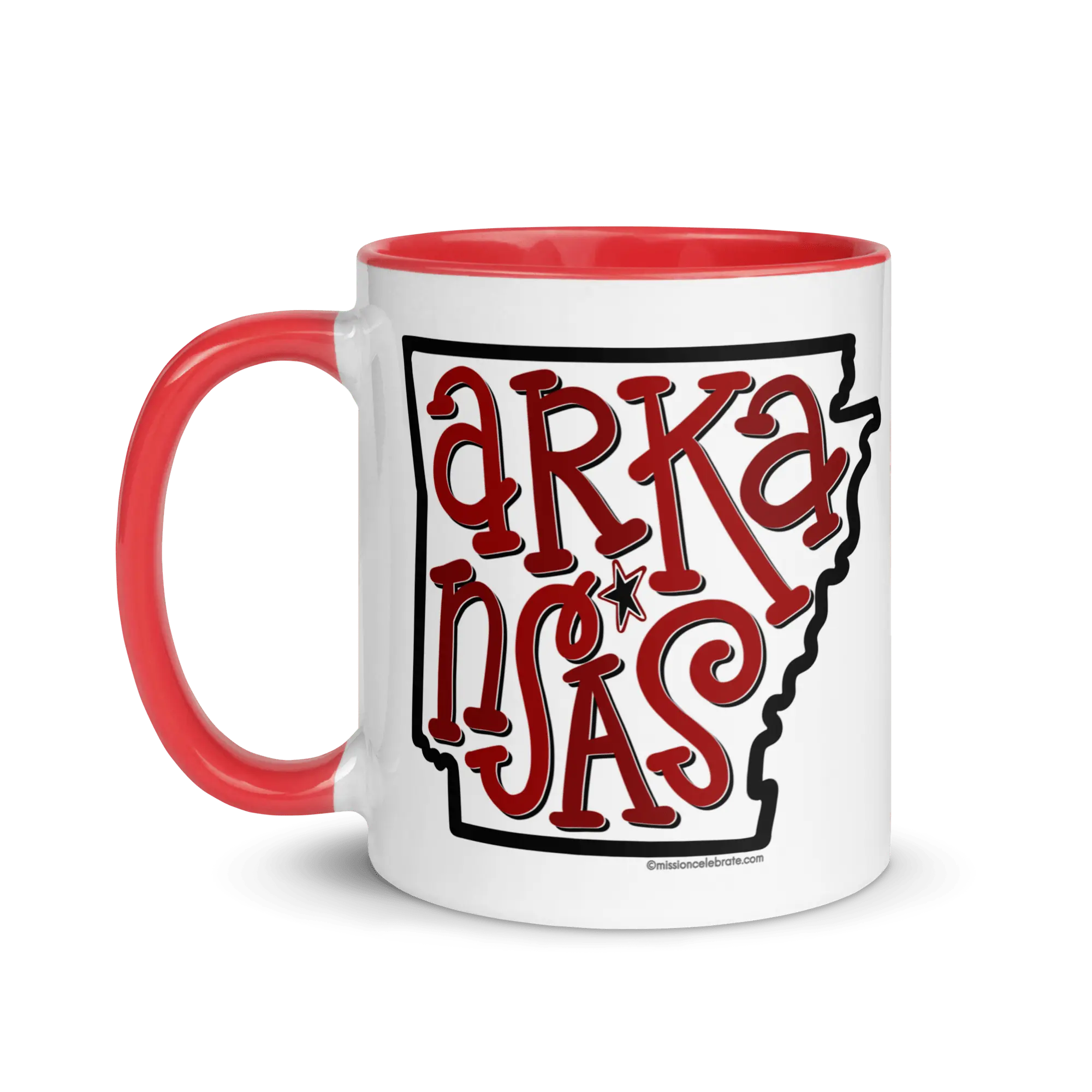 Arkansas Mug - Hand-lettered design by Leslie Gonce, Red Accents. Perfect gift from Main Street Collective!