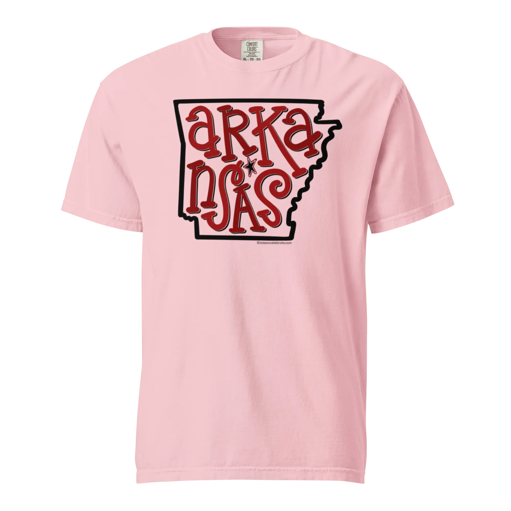 Arkansas T-shirt - Pink Comfort Colors tee with state outline and "Arkansas" hand lettering by Leslie Gonce - Main Street Collective