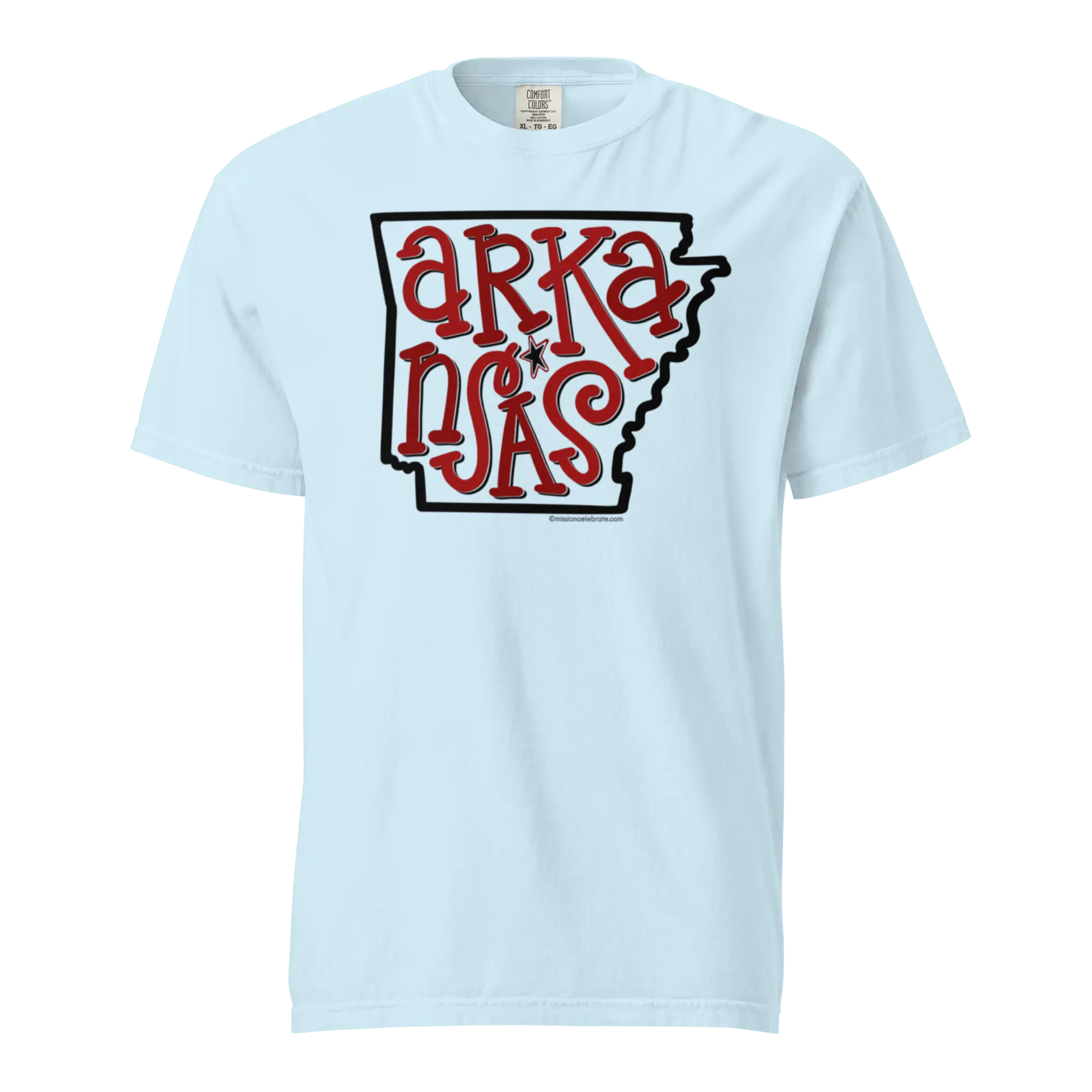 Arkansas T-Shirt: Hand-lettered state outline design by Leslie Gonce on a Comfort Colors tee.