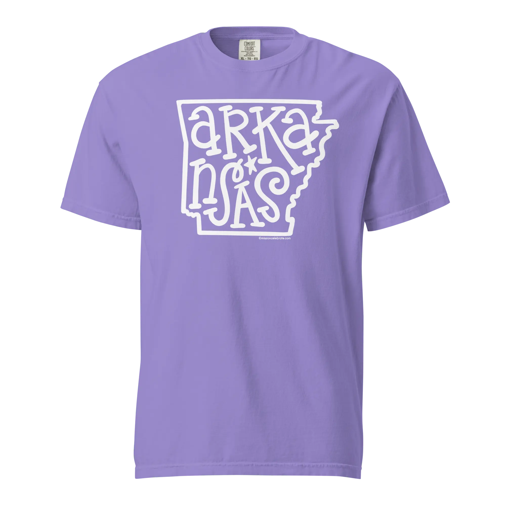 Arkansas State T-Shirt: Purple tee with white hand-lettered Arkansas design by Main Street Collective
