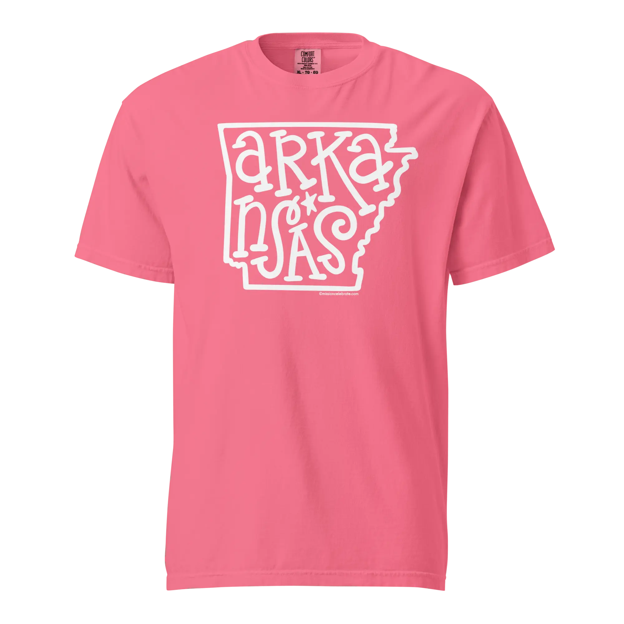 Pink Arkansas T-Shirt - White State Outline Design with Lettering - Main Street Collective